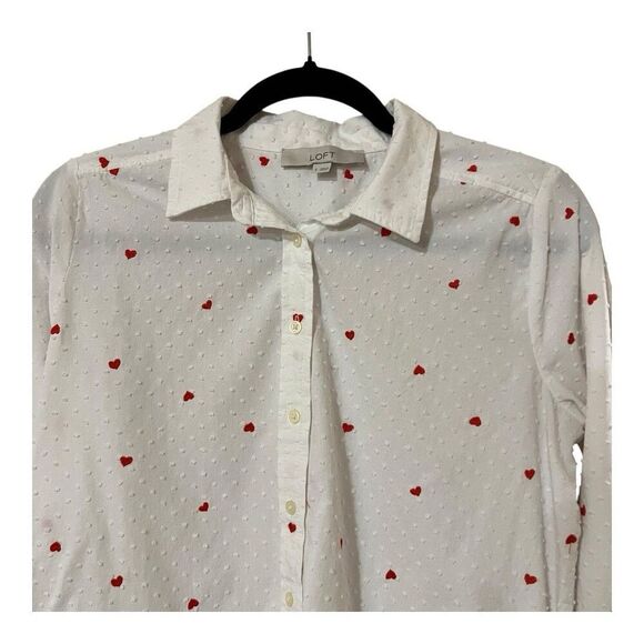 LOFT Womens Size Small White Swiss Dot Heart Print Button Down Shirt - Picture 2 of 4